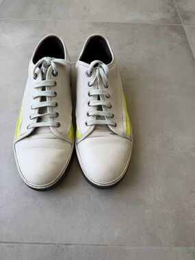 White Leather Lanvin Men's Sneakers with Neon Yellow Accent